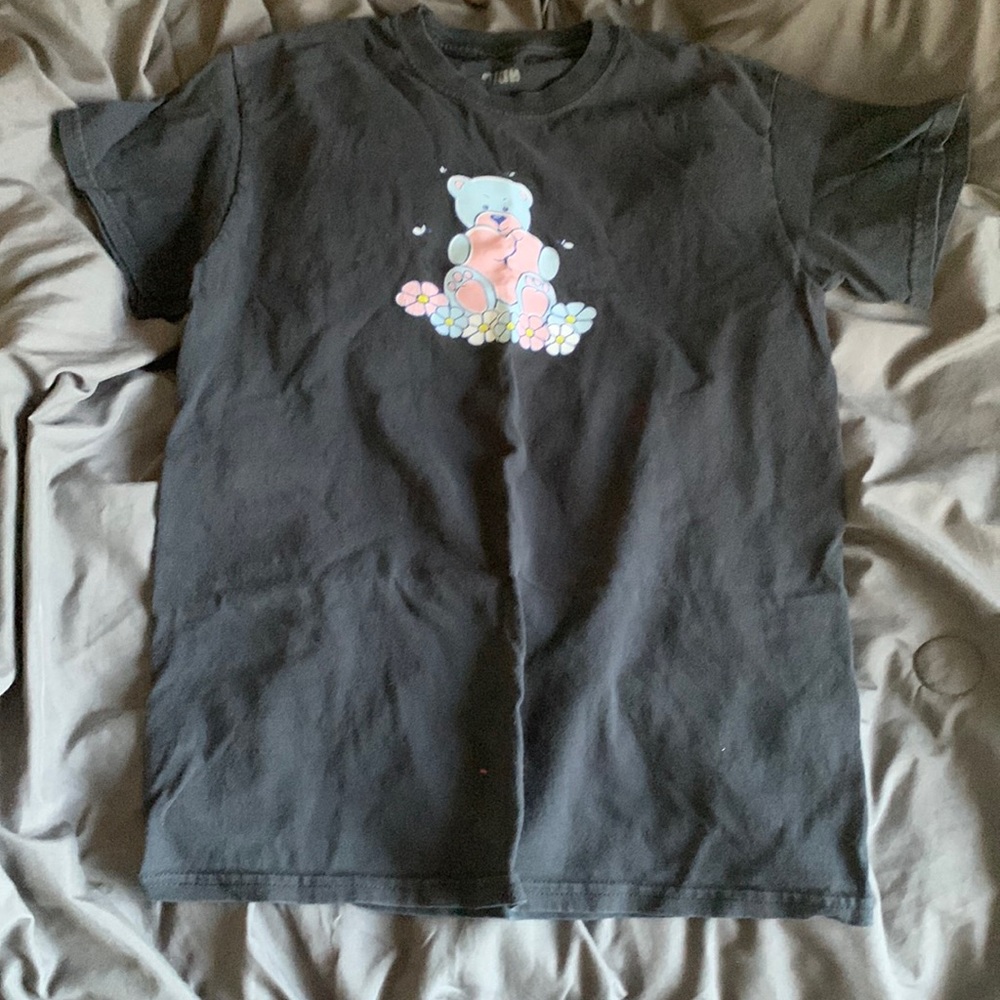 Black graphic T-shirt with teddy bear print on front and back
